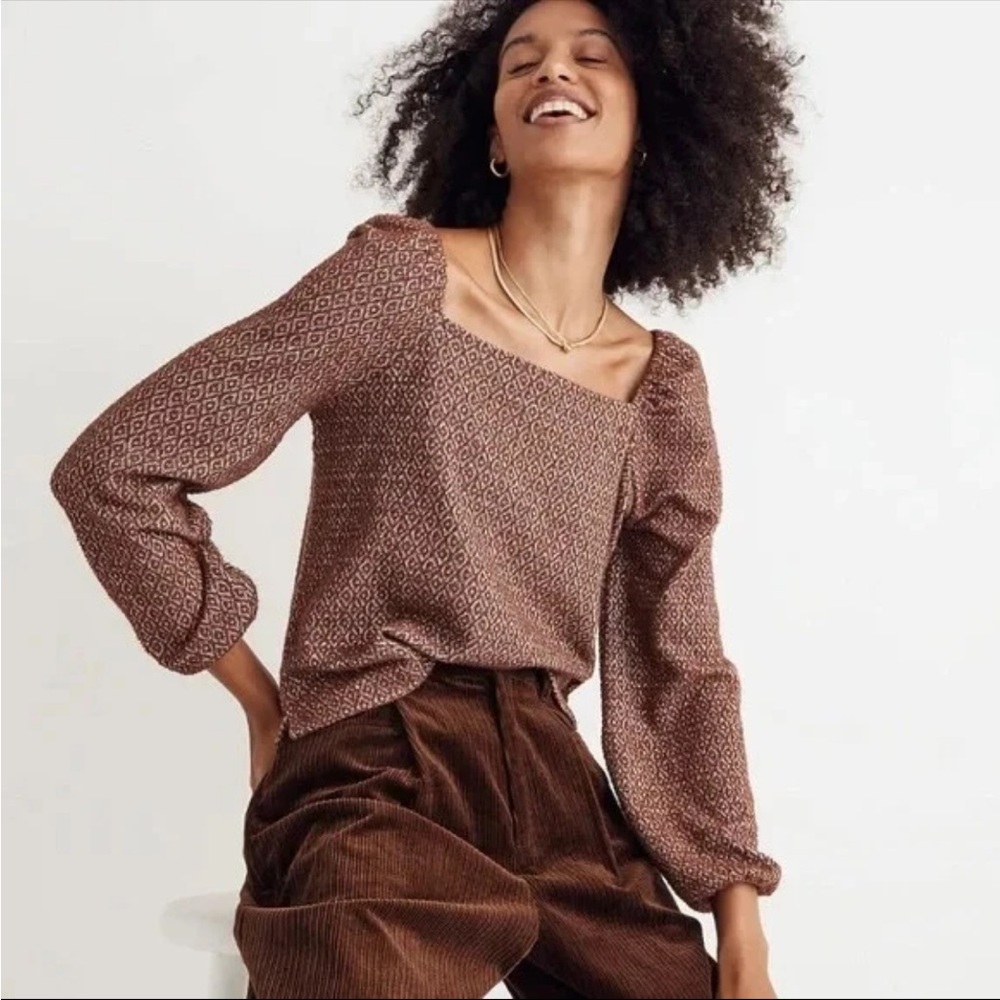 Madewell Brown Geo Print Balloon Sleeve Blouse Size Small Cotton Blend